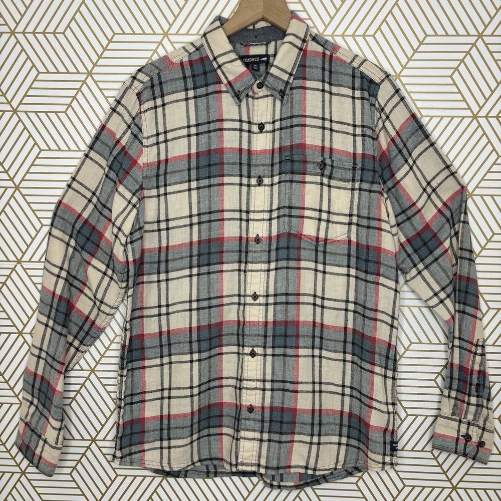 Men's Toad&Co Cotton Long Sleeve Flannel Hiking Outdoors Medium Gray Orange